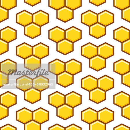 Honeycomb yellow seamless vector pattern. Reticulate honey repeating white background.