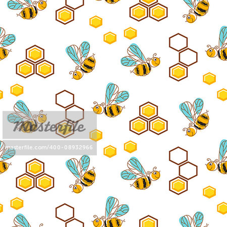 Cute bees and honey comb cells seamless pattern. Hand drawn honeybee insect vector background.