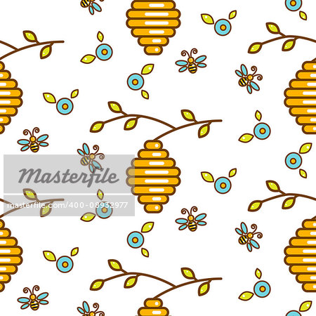 Vespiary, flowers and bees seamless vector outline pattern. Honeybees on white repeating background.