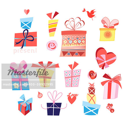 Vector set of bright gifts in boxes on a white background