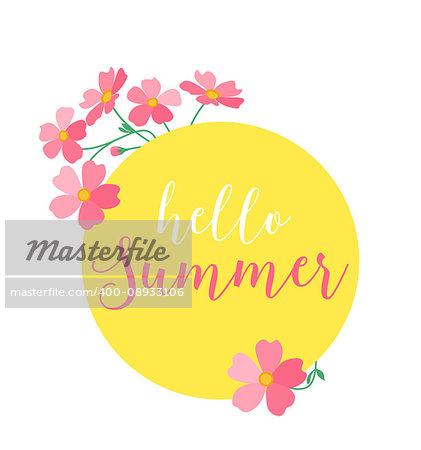Vector illustration of a circle decorated with pink flowers, Hello summer
