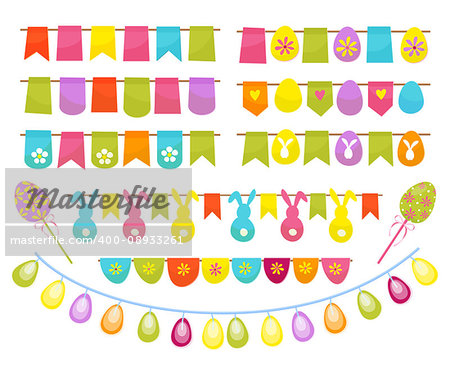 Easter party decoration vector elements. Eggs garland ,tags,and egg tree isolated on white background. Cartoon style vector illustration