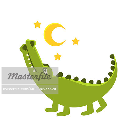 Romantic Crocodile Walking Under Night Sky, Cartoon Character And His Everyday Wild Animal Activity Illustration. Green Alligator Reptile Vector Drawing In Childish Cute