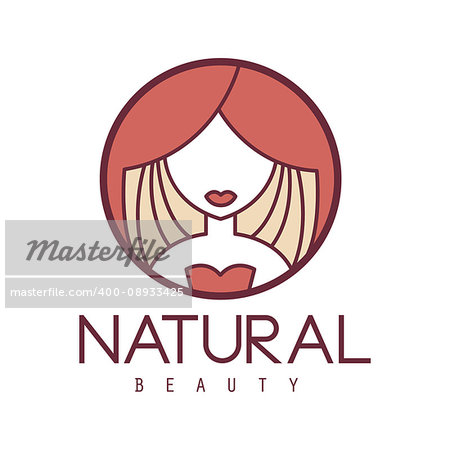 Natural Beauty Salon Hand Drawn Cartoon Outlined Sign Design Template With Portrait Of Woman Behind Red Curtain In Round Frame. Artistic Promotion Logo For Cosmetology Services And Beautifying Procedures.