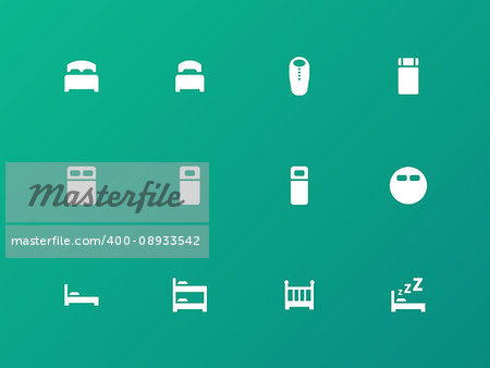 Bed, bunk and sleeping bag icons on green background. Vector illustration.