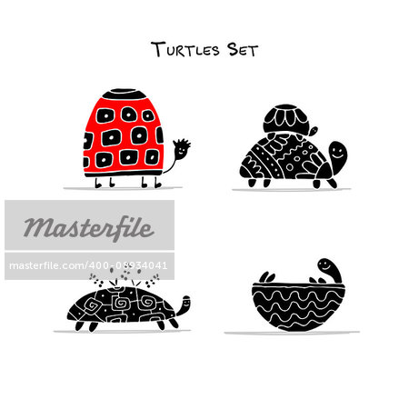 Funny turtles set, sketch for your design. Vector illustration