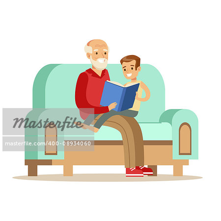 Grandfather And Boy Reading A Book, Part Of Grandparents Having Fun With Grandchildren Series. Different Generations Of Family Enjoying Time Together Vector Cartoon Illustration.
