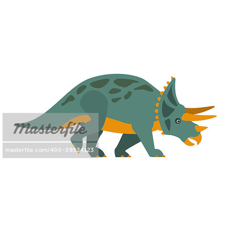 Triceratops Dinosaur Of Jurassic Period, Prehistoric Extinct Giant Reptile Cartoon Realistic Animal. Simplified Dinosaur Species Vector Illustration With Recognizable Details Of Ancient Fauna.