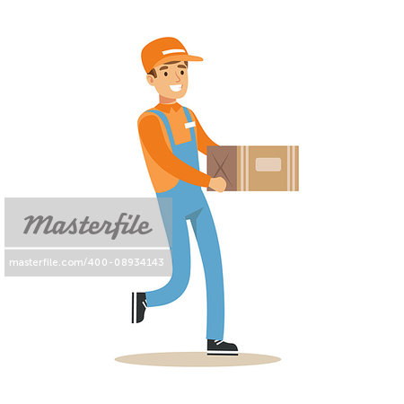 Delivery Service Worker Running Holding Carton Box, Smiling Courier Delivering Packages Illustration. Vector Cartoon Male Character In Uniform Carrying Packed Objects With A Smile.