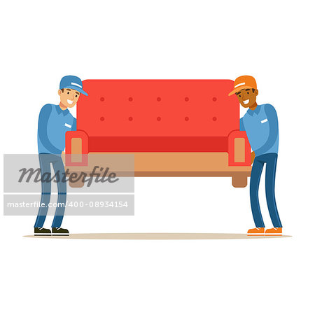 Delivery Service Worker Helping With Moving Carrying Sofa, Smiling Courier Delivering Packages Illustration. Vector Cartoon Male Character In Uniform Carrying Packed Objects With A Smile.