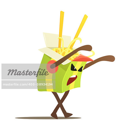 Asian Noodle Box Lunch Street Fighter, Fast Food Bad Guy Cartoon Character Fighting Illustration. Junk Food Menu Item With Evil Face Looking For A Fight Vector Drawing.