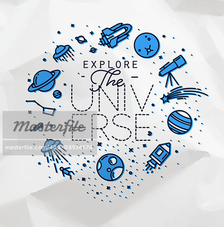 Space flat monogram lettering explore the universe drawing with grey lines on white background