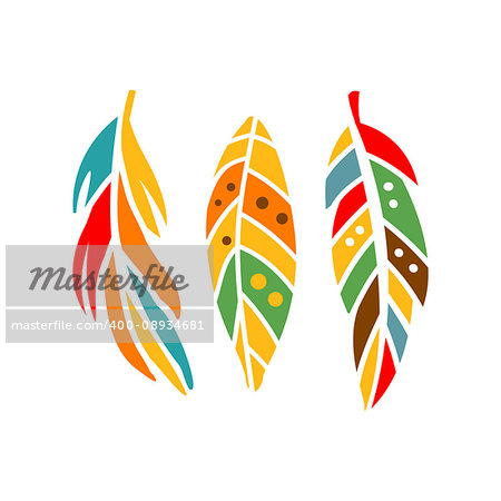 Three Different Colorful Feathers, Native Indian Culture Inspired Boho Ethnic Style Print. Tribal American Stylized Vector Illustration For Hipster Fashion Typographic Template.