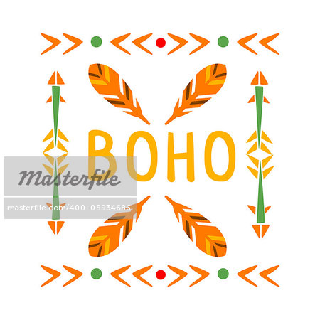 Framing Pattern With Feathers And Arrows, Native Indian Culture Inspired Boho Ethnic Style Print. Tribal American Stylized Vector Illustration For Hipster Fashion Typographic Template.