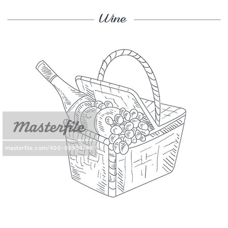 Picnic Basket With Wine Hand Drawn Realistic Detailed Sketch In Beautiful Classy Style On White Background
