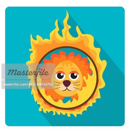 Lion jumping through a ring of fire in the circus icon flat style with long shadows, isolated on white background. Vector illustration