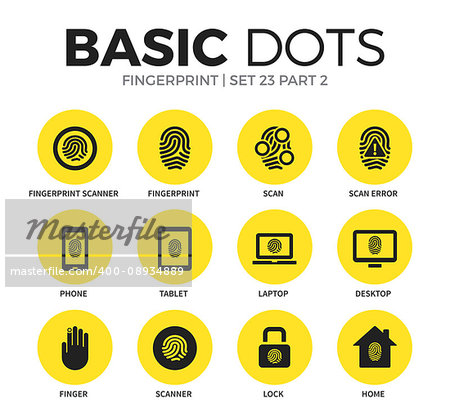 Fingerprint flat icons set with fingerprint scan form, scan form and phone form isolated vector illustration on white