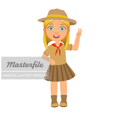 Girl scout raising her hand up and showing number three, a colorful character isolated on a white background