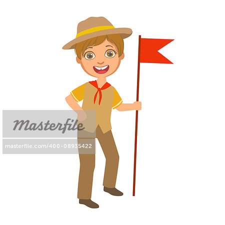 Scout boy with red flag dressed in uniform, a colorful character isolated on a white background