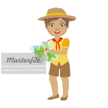 Cute boy scout holding a tourist map, a colorful character isolated on a white background, a colorful character isolated on a white background