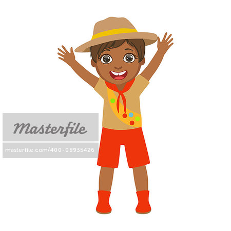 Happy scout boy raising her arms up, a colorful character isolated on a white background