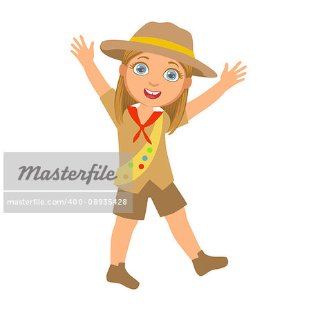 Happy scout girl raising her arms up, a colorful character isolated on a white background