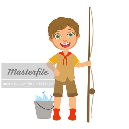 Happy boy scout with a fishing rod and bucket, a colorful character isolated on a white background