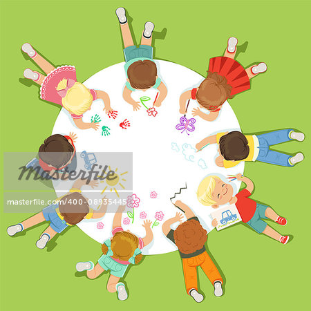 Lying little children painting on a big round paper. Education and child development. Cartoon detailed colorful Illustration isolated on green background