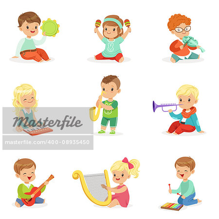 Little kids sitting and playing musical instrument, set for label design. Education and child development. Cartoon detailed colorful Illustrations isolated on white background