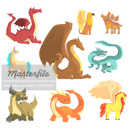 Mythological animals, set for label design. Dragon, unicorn, pegasus, griffin, cartoon detailed Illustrations isolated on white background