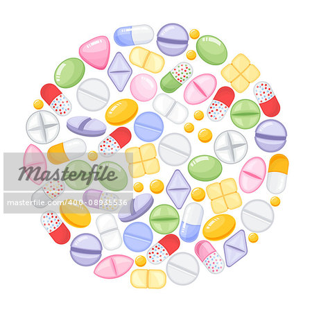 Different colorful medical pills capsules and tablets in round designon white background. Medications collection. Vector illustration in cartoon flat style.