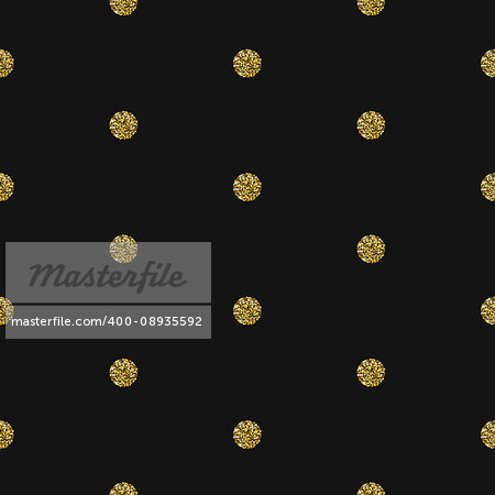 Gold foil shimmer glitter polkadot dark seamless pattern. Vector shimmer abstract circles grey texture. Sparkle shiny balls background.