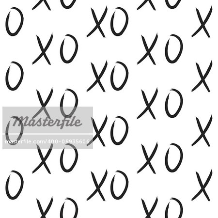 XOXO hugs and kisses seamless pattern. Hand drawn trendy hipster black and white XO background. Ink grungy brush texture.