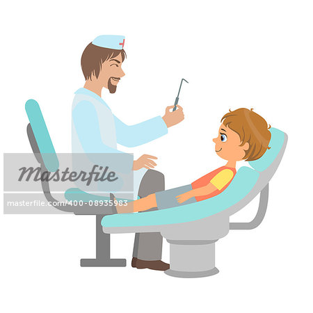 Dentist Checking Teeth Of Little Boy, Part Of Kids Taking Health Exam Series Of Illustrations. Child On Appointment With A Doctor Going Through Medical Checkup.