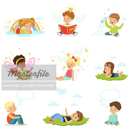 Happy and lovely children play and dream. Cartoon detailed colorful Illustrations isolated on white background