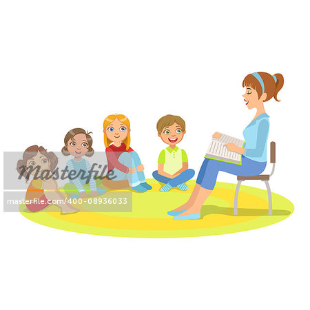 Group Of Small Kids Sitting Around The Teacher Reading A Story. Cute Children In Elementary School Class Listening To Adult Reading A Book Vector Illustration.