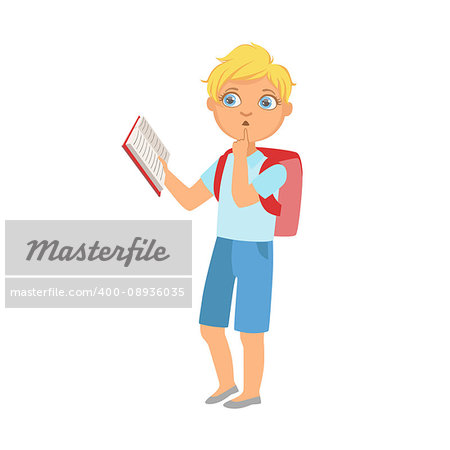Schoolboy With Backpack Standing Reading A Book, Part Of Kids Loving To Read Vector Illustrations Series. Bookworm Young Child Who Loves Storybooks And Literature Cartoon Character.