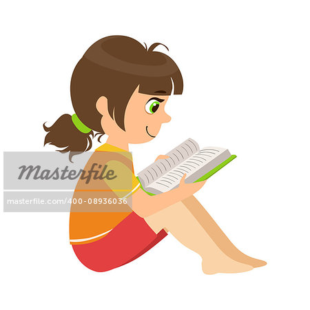 Girl Sitting On The Floor Reading A Book, Part Of Kids Loving To Read Vector Illustrations Series. Bookworm Young Child Who Loves Storybooks And Literature Cartoon Character.