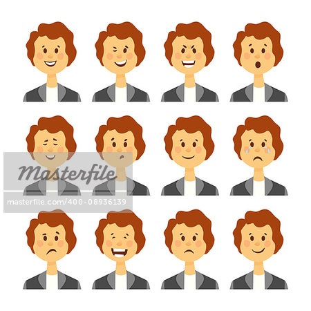Set of avatars with female emotions including joy doubt and anger cartoon style isolated vector illustration