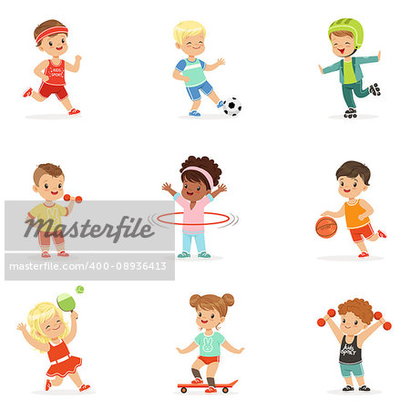 Small Kids Playing Sportive Games And Enjoying Different Sports Exercises Outdoors And In Gym Set Of Cartoon Illustrations. Cute Children And Active Lifestyle Series Of Adorable Characters.