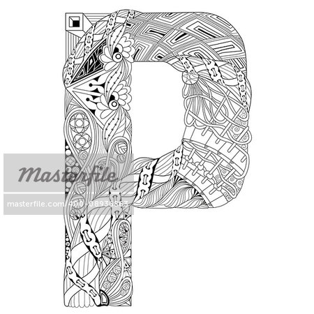 Hand-painted art design. Adult anti-stress coloring page. Black and white hand drawn illustration letter P for coloring book