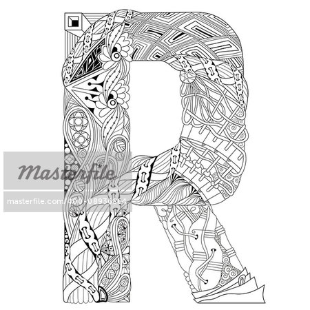 Hand-painted art design. Adult anti-stress coloring page. Black and white hand drawn illustration letter R for coloring book