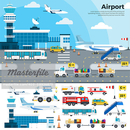 Airport vector flat illustrations. Modern airport exterior with different cargoes. Working day on the airfield. Airplanes, different planes, cars, buildings, tickets, luggage isolated on white background