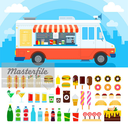 Food truck vector flat illustrations. Retro foods truck with fast food against the sky. Nutrition concept. Junk food, beverages, confectionery, coffee and cakes isolated on white background
