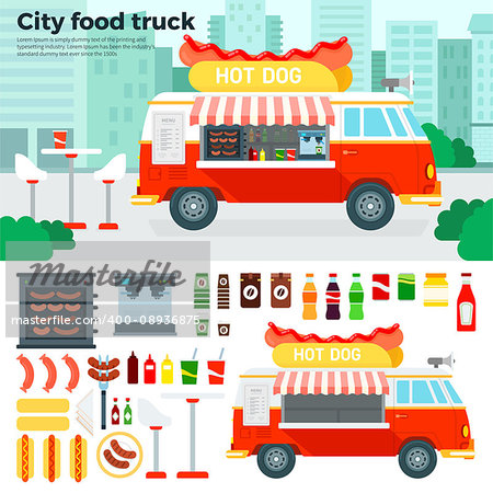 Food truck vector flat illustrations. Food truck on the street in the city. Retro truck with fast food. Break and rest concept. Junk food, beverages, sausages and oven isolated on white background
