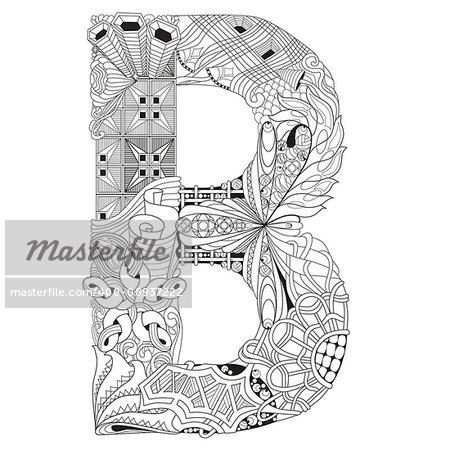 Hand-painted art design. Adult anti-stress coloring page. Black and white hand drawn illustration letter B for coloring book