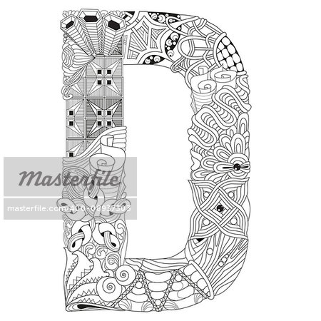 Hand-painted art design. Adult anti-stress coloring page. Black and white hand drawn illustration letter D for coloring book