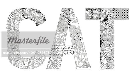 Hand-painted art design. Adult anti-stress coloring page. Black and white hand drawn illustration word cat  for coloring book