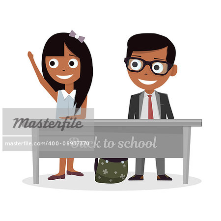 Schoolgirl and schoolboy sitting at Desk and raise my hand in class. Illustration on white background.