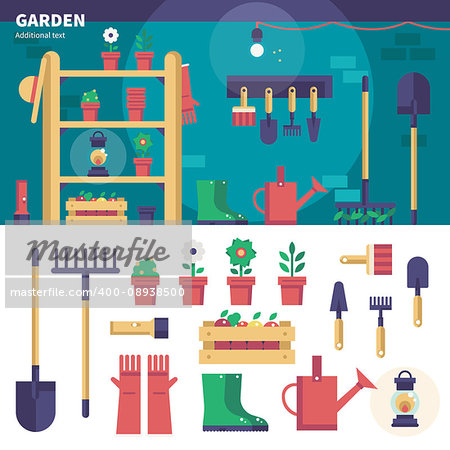 Geometric illustartion of gardening equipment. Household tools for gardening in the shed, watering-can, plants, gloves, shovel and pots isolated on white background
